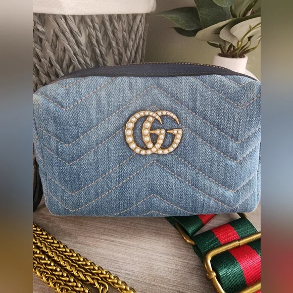 Gucci Marmont Denim Pouch Crossbody Bag Pearl GG Logo - Picture 3 of 13